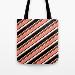[ Thumbnail: Salmon, Brown, Black & Light Cyan Colored Pattern of Stripes Tote Bag ]