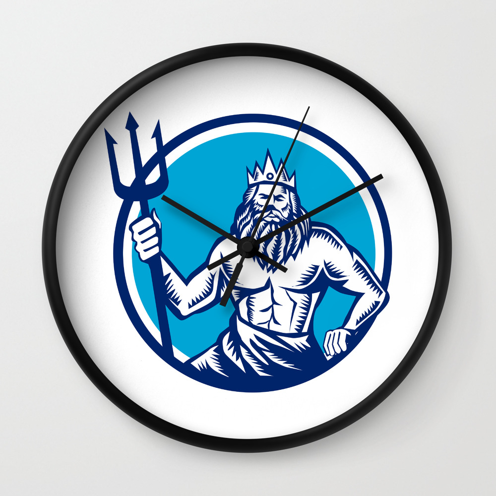 Poseidon Trident Circle Woodcut Wall Clock By Patrimonio Society6