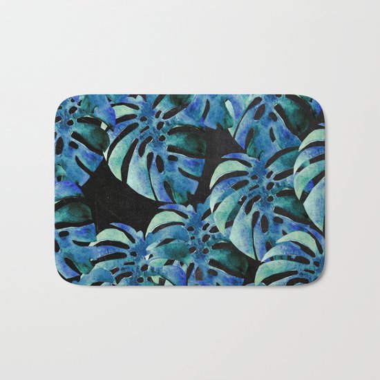 Monstera Pattern Blue On Chalkboard Bath Mat