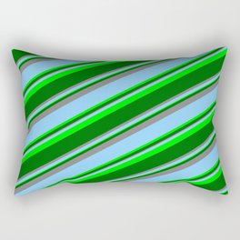 [ Thumbnail: Light Sky Blue, Lime, Dark Green & Grey Colored Striped Pattern Rectangular Pillow ]