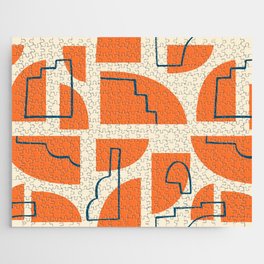 Mid Century Modern Abstract - Blue, orange & cream Jigsaw Puzzle