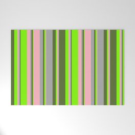 [ Thumbnail: Light Pink, Dark Grey, Dark Olive Green, and Chartreuse Colored Lines/Stripes Pattern Welcome Mat ]