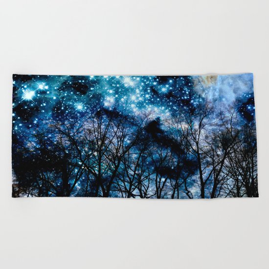 Black Trees Teal Space Beach Towel