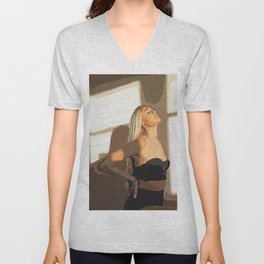 Woman In Black Strapless Bustier Top V Neck T Shirt