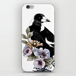 Magpie bird black and white and flowers iPhone Skin