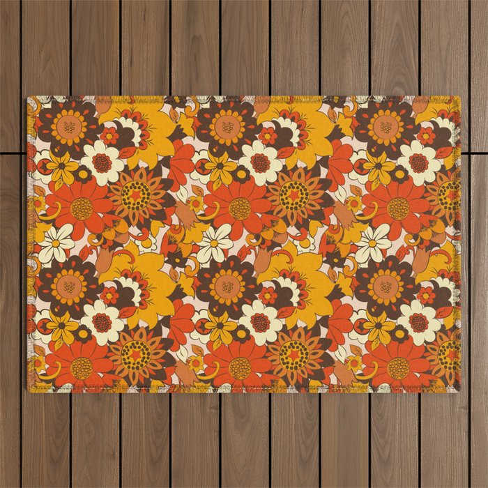 Retro 70s Flower Power, Floral, Orange Brown Yellow Psychedelic Pattern Outdoor Rug