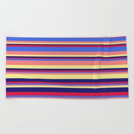 [ Thumbnail: Eye-catching Crimson, Royal Blue, Light Coral, Tan, and Midnight Blue Colored Striped/Lined Pattern Beach Towel ]