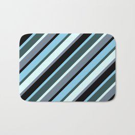 [ Thumbnail: Slate Gray, Black, Sky Blue, Dark Slate Gray & Light Cyan Colored Striped Pattern Bath Mat ]