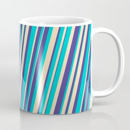 [ Thumbnail: Dark Turquoise, Tan, and Dark Slate Blue Colored Lines/Stripes Pattern Coffee Mug ]