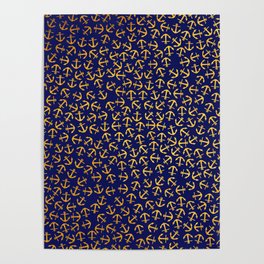 Maritime Anchors pattern - gold anchors on darkblue background Poster