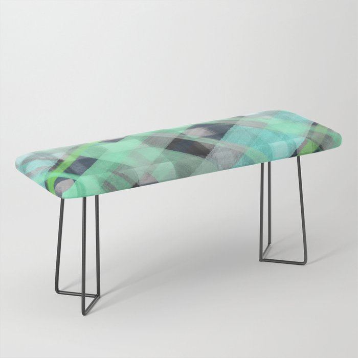 Abstract Teal Green Black Watercolor Hand Painted Plaid Bench