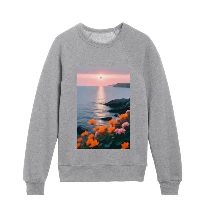 Rocky Beach Sunset, Nature Ocean Landscape Scenic Travel, Mountain Adventure Trek Beach Outdoors, Mindful Photography Kids Crewneck