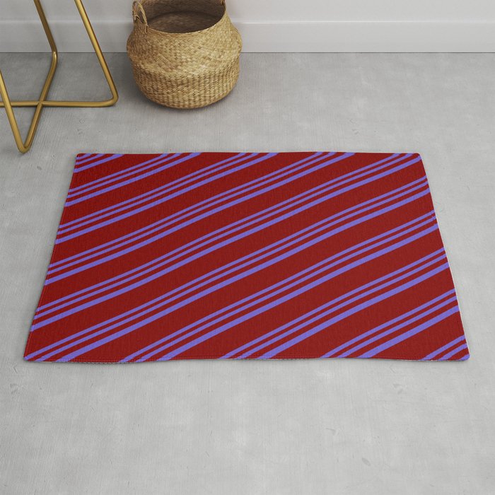 Slate Blue and Maroon Colored Lines Pattern Rug