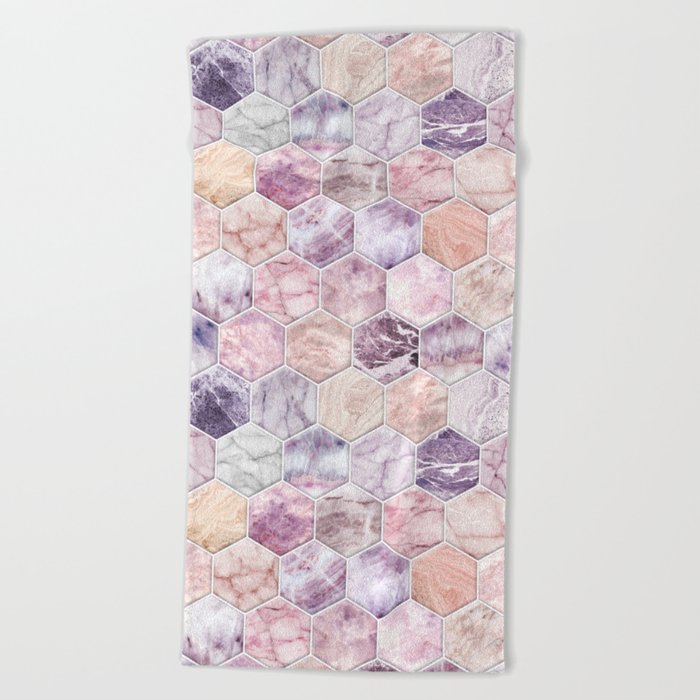 Rose Quartz And Amethyst Stone Marble Hexagon Tiles Beach Towel Rose Quartz And Amethyst Stone Marble Hexagon Tiles Beach Towel