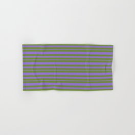 [ Thumbnail: Green and Purple Colored Lines Pattern Hand & Bath Towel ]