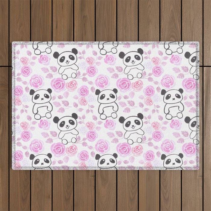 Cute Pandas and roses watercolor Outdoor Rug