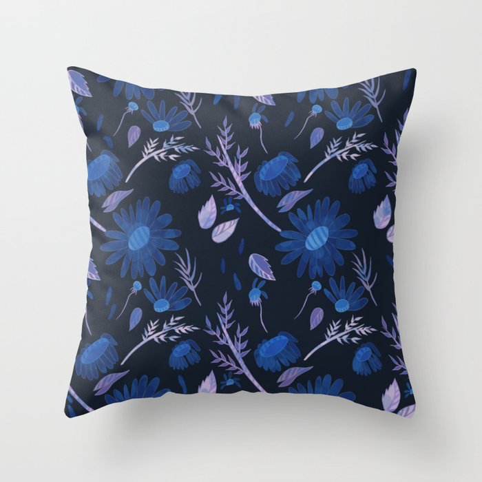Leafy purple and blue daisies  Throw Pillow