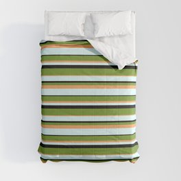 [ Thumbnail: Green, Brown, Light Cyan, and Black Colored Stripes/Lines Pattern Comforter ]