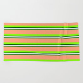[ Thumbnail: Colorful Lavender, Forest Green, Light Salmon, Chartreuse, and Dark Green Colored Lined Pattern Beach Towel ]