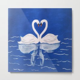 Beautiful Love Swans Metal Print | Swan, Blue, Acrylic, Heart, Water, Painting, Sky, Digital, White, Illustration 