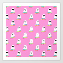 Cute Rainbow Halloween Ghost on Pink Pattern Art Print