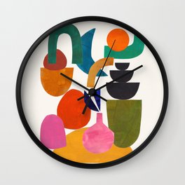 'Joy Of Family' Abstract Geometric Shapes Paper Collage Colorful Arrangement Mid Century Modern Cool Funky Style Wall Clock
