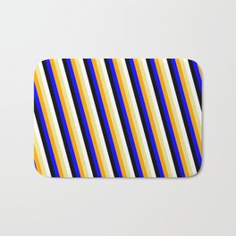 [ Thumbnail: Eyecatching Tan, Orange, Blue, Black & White Colored Lined/Striped Pattern Bath Mat ]