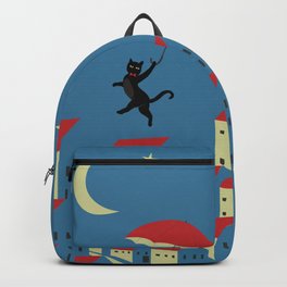 Upton The Cat And His Evening Adventures Backpack | Cat, Stars, Flying, Whimsical, Moon, Catpainting, Catart, Blackcat, Children, Umbrella 