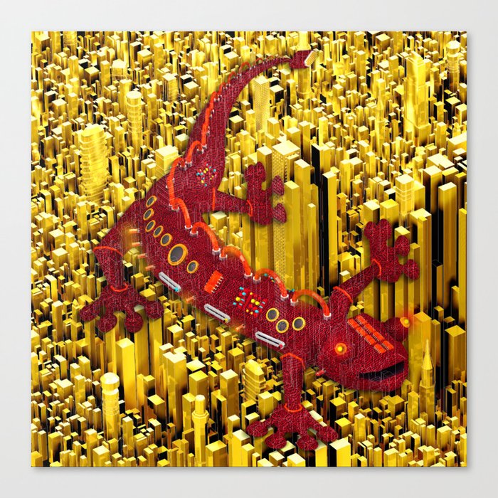 Sassy red electronic gecko hugs the Golden skyline Canvas Print