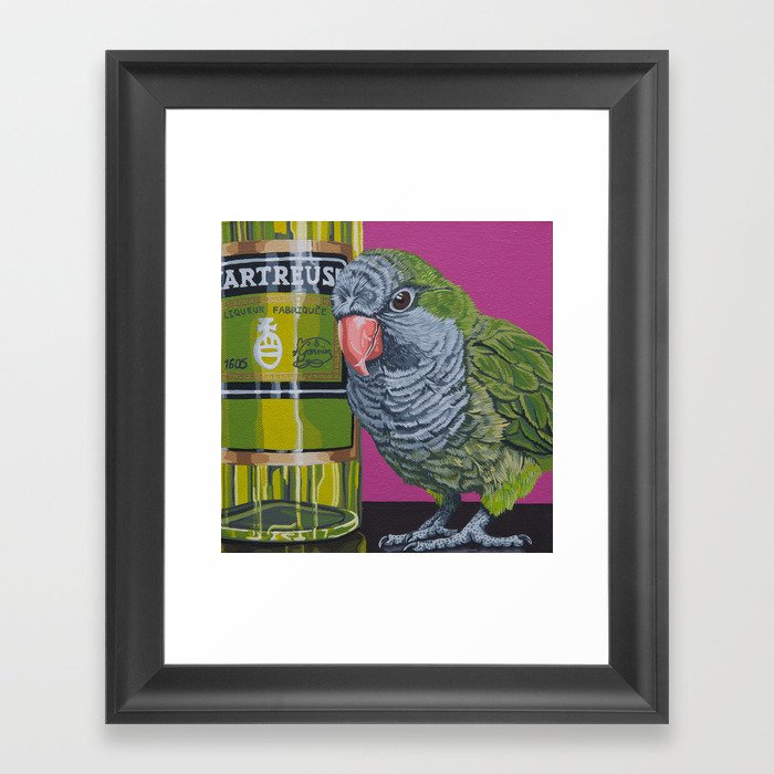 Quaker Parrot Painting, Cocktail Bar Chartreuse Art, Parrot Portrait Framed Art Print