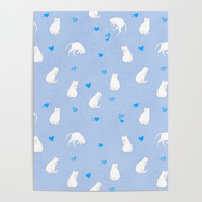 White Cats With Blue Hearts Pattern/Light Blue Background Poster