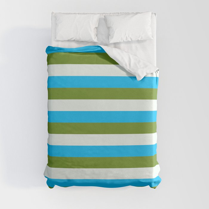 Deep Sky Blue, Green, and Mint Cream Colored Striped/Lined Pattern Duvet Cover