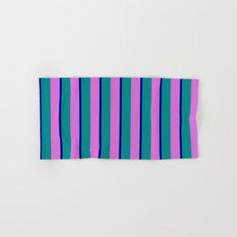 [ Thumbnail: Dark Cyan, Orchid, and Dark Blue Colored Stripes/Lines Pattern Hand & Bath Towel ]