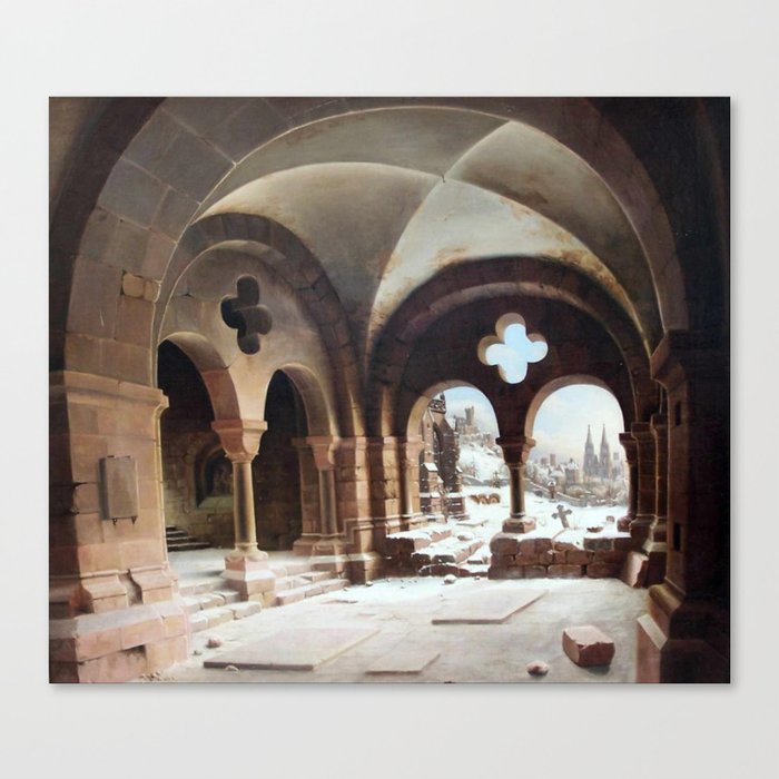  Klosterkreuzgang im Winter mit Blick auf eine zweitürmige Kathedrale - Carl Georg Hasenpflug Canvas Print