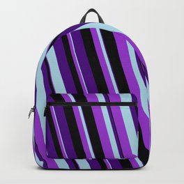 [ Thumbnail: Indigo, Light Blue, Dark Orchid & Black Colored Striped Pattern Backpack ]