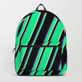 [ Thumbnail: Green, Tan, Black, and Indigo Colored Lines/Stripes Pattern Backpack ]