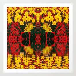 MODERN GARDEN DECORATIVE RED YELLOW DAFFODILS Art Print | Surrealism, Redart, Abstract, Modernart, Watergardens, Drawing, Photomontage, Digital, Nature, Yellowart 