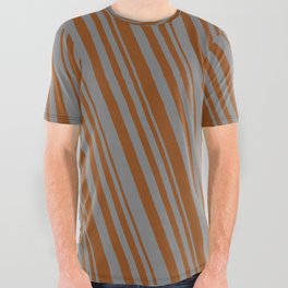 [ Thumbnail: Brown & Gray Colored Pattern of Stripes All Over Graphic Tee ]