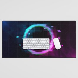 Synthwave Vaporwave Retrowave Glitch Circle with blue and pink glows with smoke and particles on laser grid space background.  Desk Mat