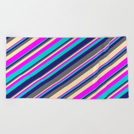 [ Thumbnail: Midnight Blue, Dim Gray, Beige, Fuchsia, and Dark Turquoise Colored Lines/Stripes Pattern Beach Towel ]