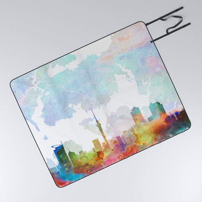 Auckland Skyline Map Watercolor, Print by Zouzounio Art Picnic Blanket