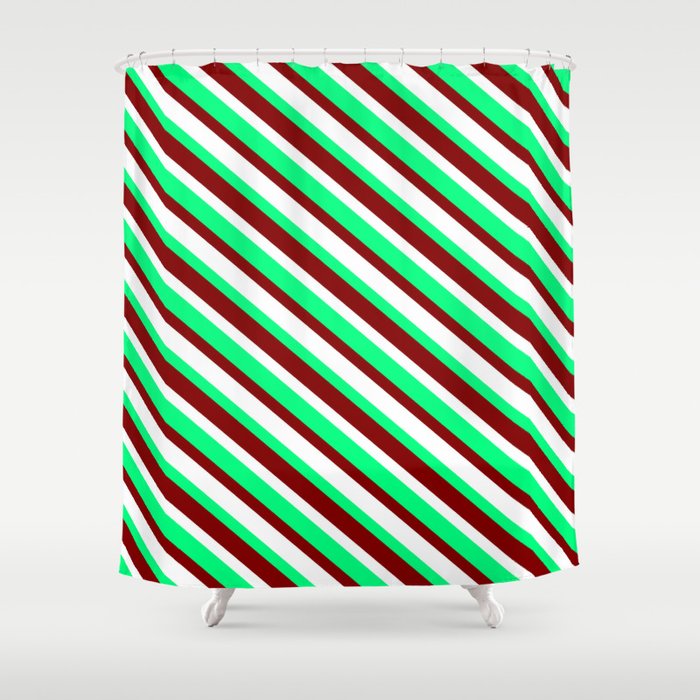 Maroon, White, and Green Colored Striped Pattern Shower Curtain