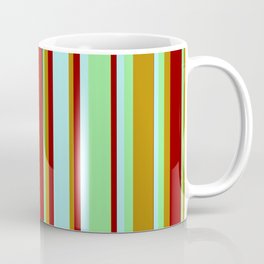[ Thumbnail: Light Green, Dark Goldenrod, Dark Red, and Turquoise Colored Lines/Stripes Pattern Coffee Mug ]