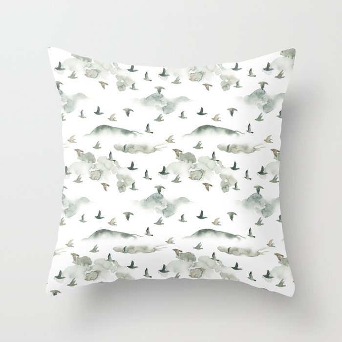 Hand painted green gray watercolor cloud bird pattern Throw Pillow