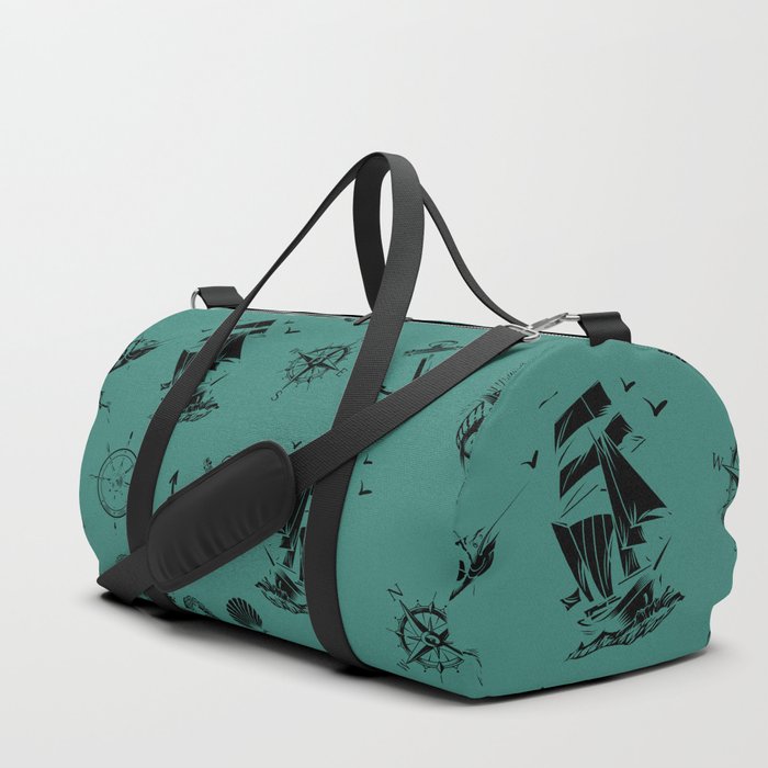 Green Blue And Black Silhouettes Of Vintage Nautical Pattern Duffle Bag