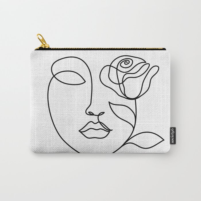 Beauty woman face with rose. Abstract minimal fine art. One line drawing. Carry-All Pouch