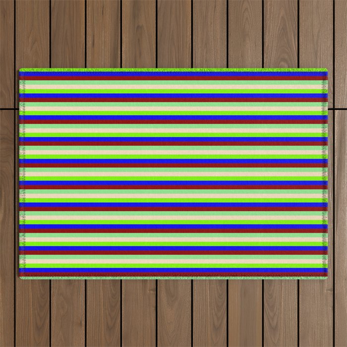 Vibrant Light Green, Bisque, Chartreuse, Blue & Dark Red Colored Pattern of Stripes Outdoor Rug