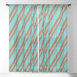 [ Thumbnail: Turquoise and Sienna Colored Lines Pattern Sheer Curtain ]