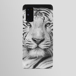 Black and white macro face portrait of white bengal tiger Android Case