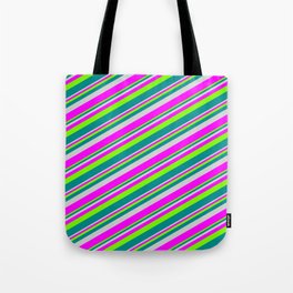 [ Thumbnail: Light Grey, Fuchsia, Green, and Dark Cyan Colored Lines/Stripes Pattern Tote Bag ]